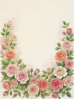 Vintage rose border frame with pink and coral blooms, green foliage, and watercolor accents on cream background. Isolated design element suitable for wedding invitations, greeting cards, and stationery projects.