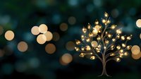 Glowing golden tree with luminous leaves against dark bokeh background creating magical atmosphere for wellness and growth concepts.