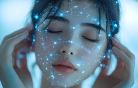 Young Asian woman with closed eyes surrounded by glowing blue constellation patterns and light effects, expressing serenity and mindfulness in ethereal atmosphere.