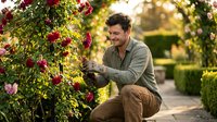 Young handsome Caucasian male gardener pruning red roses in sunny garden wearing casual shirt and brown pants during golden hour outdoor landscaping work.