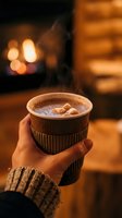 Hands holding warm hot chocolate with marshmallows by cozy fireplace in winter cabin atmosphere for seasonal comfort and relaxation concepts.