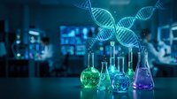 DNA double helix hologram above laboratory glassware with colorful chemical solutions in modern research facility for genetic engineering studies.