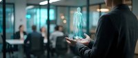Businessman holding holographic human body projection in modern office environment for medical technology and healthcare innovation presentations.
