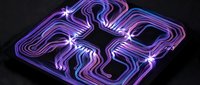 Abstract purple neon flowing lines forming geometric patterns with glowing stars on dark background for modern digital design and futuristic concepts.