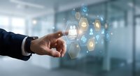 Businessman hand touching digital interface with hexagonal icons representing modern technology and business connectivity in office environment.