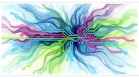 Abstract digital technology background with colorful flowing lines and circuit patterns radiating from center on white background for modern design projects.