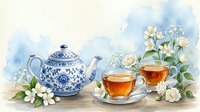 Watercolor tea set with blue and white porcelain teapot, two cups of tea, and white jasmine flowers on soft blue background.