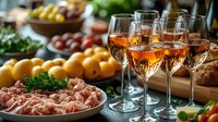 Elegant rose wine glasses alongside charcuterie board with prosciutto, citrus fruits and appetizers, creating luxurious party atmosphere for entertaining and dining.