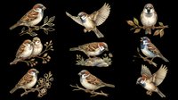 Sparrow bird clipart set with multiple poses, isolated on transparent background. Great for t-shirt design, stickers, print on demand, sublimation, and scrapbooking.