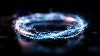Magical glowing ring of blue and pink light particles swirling in dark space, creating ethereal energy circle with sparkles and luminous motion effects.