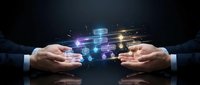 Businessman hands exchanging digital data icons and glowing network symbols, representing secure information transfer and technology communication between professionals.