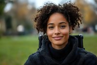 Young African American woman with natural curly hair wearing black turtleneck sweater smiling outdoors in autumn park setting with soft bokeh background.