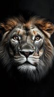 Majestic lion portrait with golden eyes and flowing mane against dark background for wildlife photography and nature projects.
