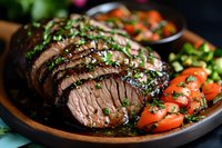 Juicy sliced beef tenderloin garnished with fresh herbs and sesame seeds, served with cherry tomatoes and vegetables on dark ceramic plate.