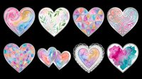 Colorful heart-shaped designs with swirls, watercolor effects, and geometric patterns isolated on transparent background. Ready for t-shirt designs, stickers, clipart, sublimation, and print-on-demand products.