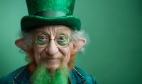 Cheerful senior man with green hat, beard and spectacles smiling against emerald background. St Patrick's Day festive character portrait in traditional Irish style.