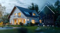Modern smart home with glowing windows at dusk, digital house outline overlay with connected dots and circuits illustrating home automation and IoT technology.