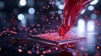 Red liquid splashing onto computer processor chip with glowing bokeh lights and particles creating dramatic technological atmosphere against dark background.