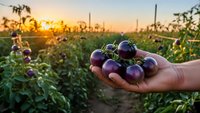 Fresh purple eggplants harvested at golden hour in organic farm field with warm sunset light creating agricultural abundance scene for healthy eating concepts.