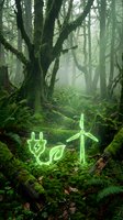 Neon green glowing plug and wind turbine symbols on mossy forest floor surrounded by ancient trees and ferns, representing renewable energy and sustainable power generation in nature.