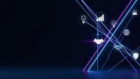 Futuristic digital network with glowing neon lines and technology icons on dark blue background for business presentations and tech concepts.