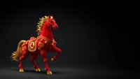 Red ornate horse figurine with golden decorative elements and flowing mane on dark background for luxury design projects and festive celebrations.