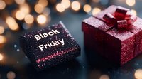 Glittering gift boxes with Black Friday text against blurred golden bokeh lights background, creating festive holiday shopping atmosphere with red and black presents.