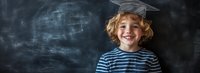 Young redhead boy wearing striped shirt smiling with digital graduation cap against chalkboard background, representing early education and academic achievement concept.