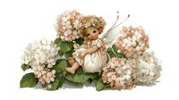 Adorable fairy child with wings sitting among blooming hydrangea flowers in soft pink and white tones, whimsical fantasy art for nursery decor.