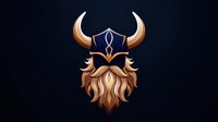 Stylized viking warrior head with horned helmet and beard in metallic copper and navy blue tones on dark background, isolated design element for gaming logos.