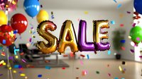 Colorful SALE text made from metallic balloon letters floating with festive confetti and party balloons in blurred interior background for retail promotion.