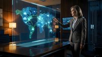 Professional businesswoman interacting with holographic world map display in modern office environment showcasing global connectivity and digital technology.
