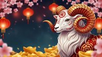 White ram with golden horns surrounded by cherry blossoms and red lanterns for Chinese New Year celebration with gold coins and festive decorations.