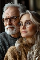Happy senior Caucasian couple with glasses embracing indoors. Elderly man with white beard and mature blonde woman in cozy sweaters showing love and affection.