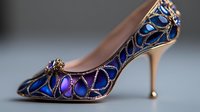 Elegant high heel shoe with stained glass pattern in royal blue and purple tones, adorned with metallic filigree details and crystal embellishments on gray background.