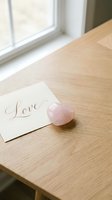Rose quartz heart crystal beside a love calligraphy card on a wooden table near a window, soft natural light, romantic wellness concept.