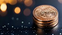 Stack of golden cryptocurrency coins with circuit pattern on dark background with bokeh lights and reflective surface, macro financial concept shot.