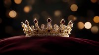 Golden royal crown with precious gems and ornate details resting on burgundy velvet fabric against dark background with soft bokeh lights.