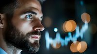 Profile of bearded man with blue eyes looking at financial charts with bokeh lights in background, for business analytics and investment concepts.