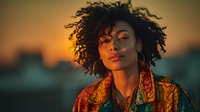 Young African American woman with curly hair in colorful patterned jacket during golden hour sunset, warm lighting creating atmospheric portrait for lifestyle content.