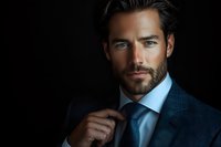 Confident Caucasian businessman in blue suit and tie adjusts collar against dark background, showcasing professional male portrait with dramatic lighting and groomed beard.