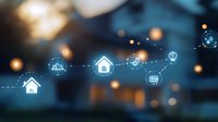 Connected smart home icons with glowing network lines against blurred residential background with bokeh lights creating modern home automation concept.