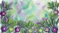 Watercolor illustration of fresh purple and green turnips with leafy greens arranged as border frame on soft pastel background, suitable for recipe cards and food packaging designs.