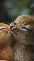 Close-up macro shot of two ginger cats touching noses, showing affection and bonding moment against blurred natural background. Suitable for pet-related content.