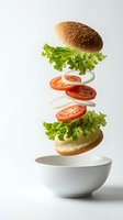 Floating burger ingredients with sesame bun, lettuce, tomato slices and onion hovering above white bowl on clean background for food advertising.