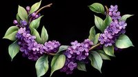 Decorative wreath of blooming lilac branches with purple flowers and green leaves on black background, isolated floral design element for spring decor.