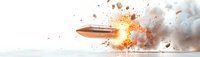Flying copper bullet with explosive fire blast and smoke trail on white background, dynamic motion capture for military and action concepts.