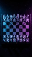 Futuristic holographic chess set with glowing neon pieces on checkered board against starry space background for gaming and strategy concepts.