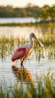 Roseate spoonbill wading bird standing in shallow wetland water with reflection during golden hour sunset light creating warm natural wildlife scene.