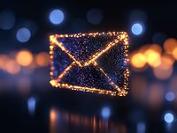 Glowing envelope symbol made of sparkly lights against dark background with bokeh effect, representing digital communication and messaging services.